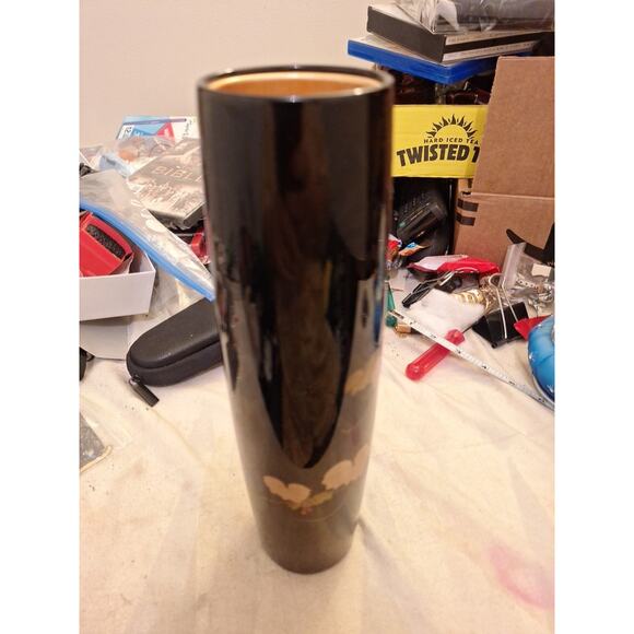Vintage Wajima lacquer IKEBANA FLOWER VASE Gold Painted Black With Gold Flake - Picture 2 of 6